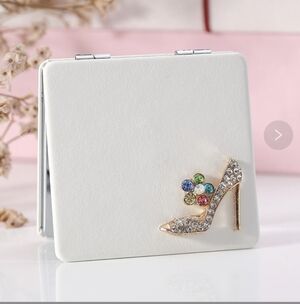 White Compact Mirror with Rhinestone Shoe Design